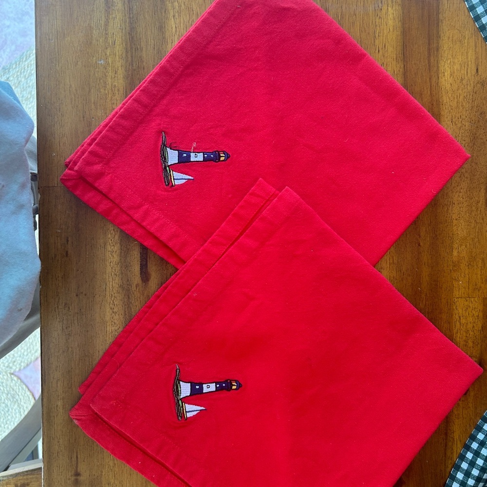 Set of 2 Red Napkins with Lighthouse and sailboat Embroidery